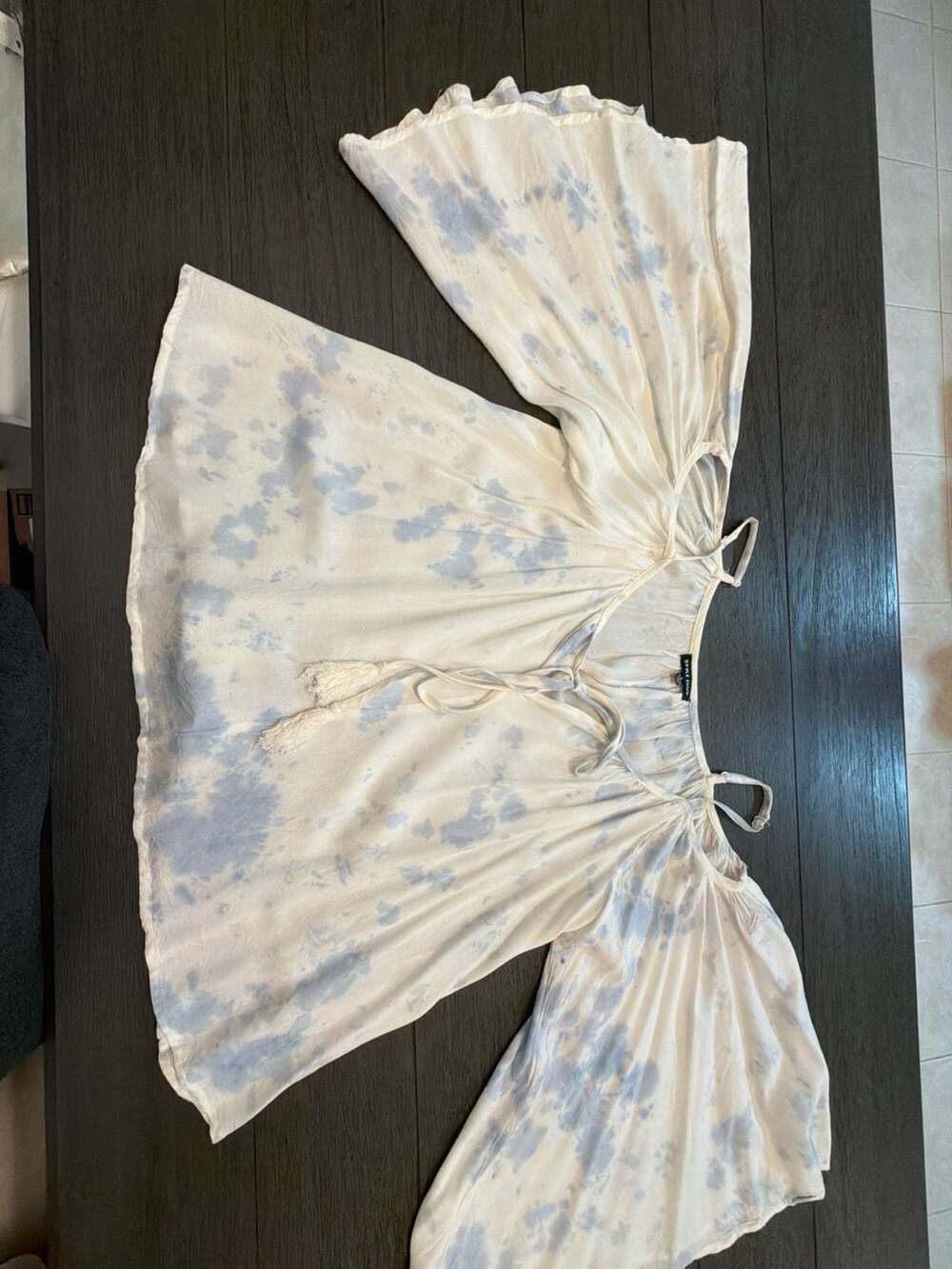 #41Style Envy Blue Tie Dye Off-The-Shoulder Bell Sleeve Tassel Top
